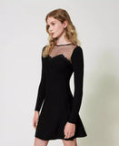 Abito corto in maglia con tulle e ricamo | TWINSET - PMC Portici