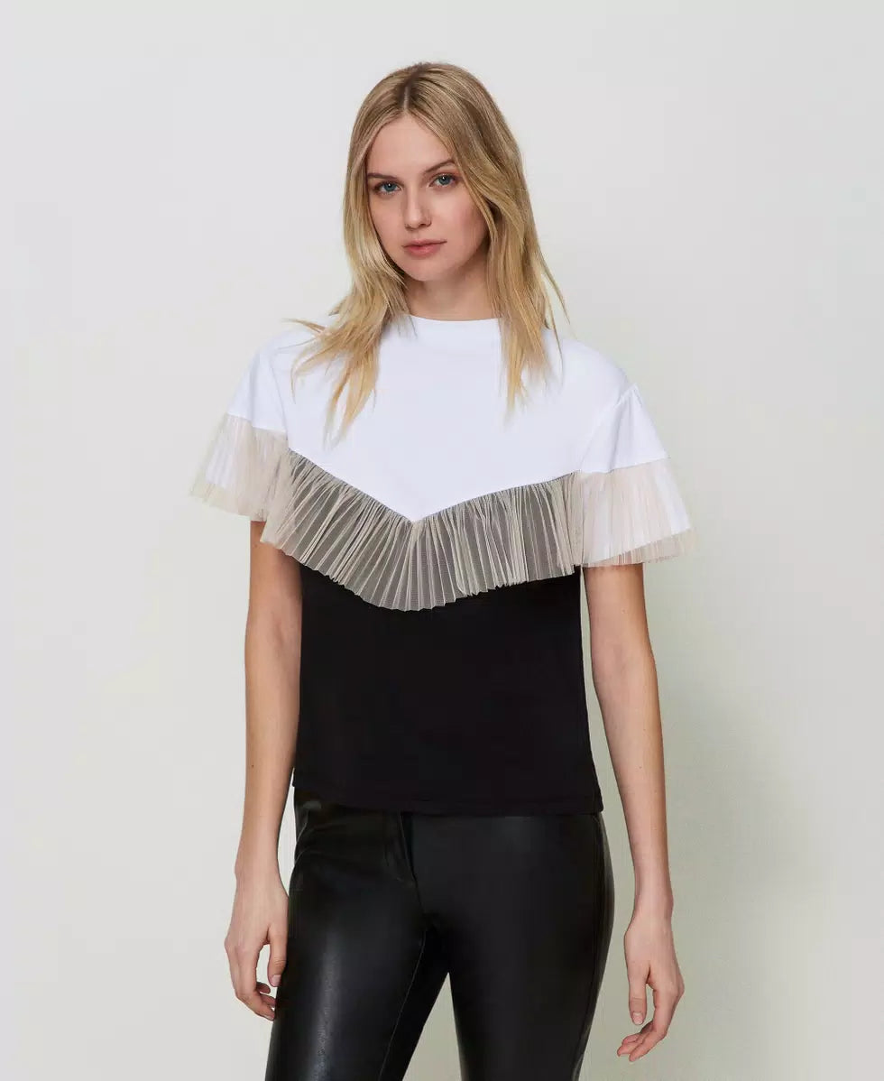 T-shirt bicolore con balza in tulle | TWINSET - PMC Portici