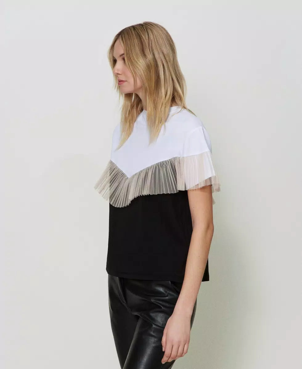 T-shirt bicolore con balza in tulle | TWINSET - PMC Portici
