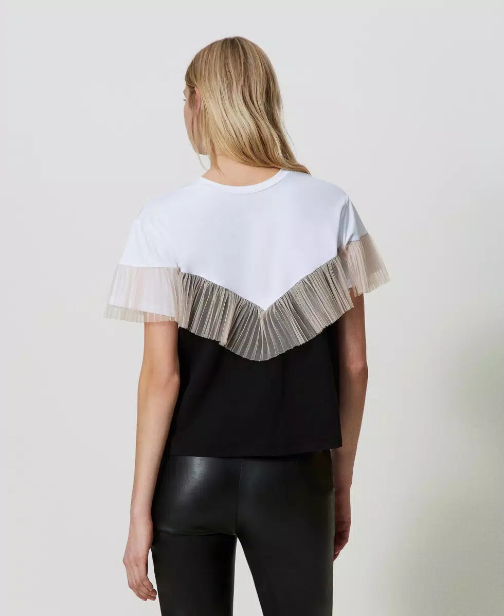 T-shirt bicolore con balza in tulle | TWINSET - PMC Portici