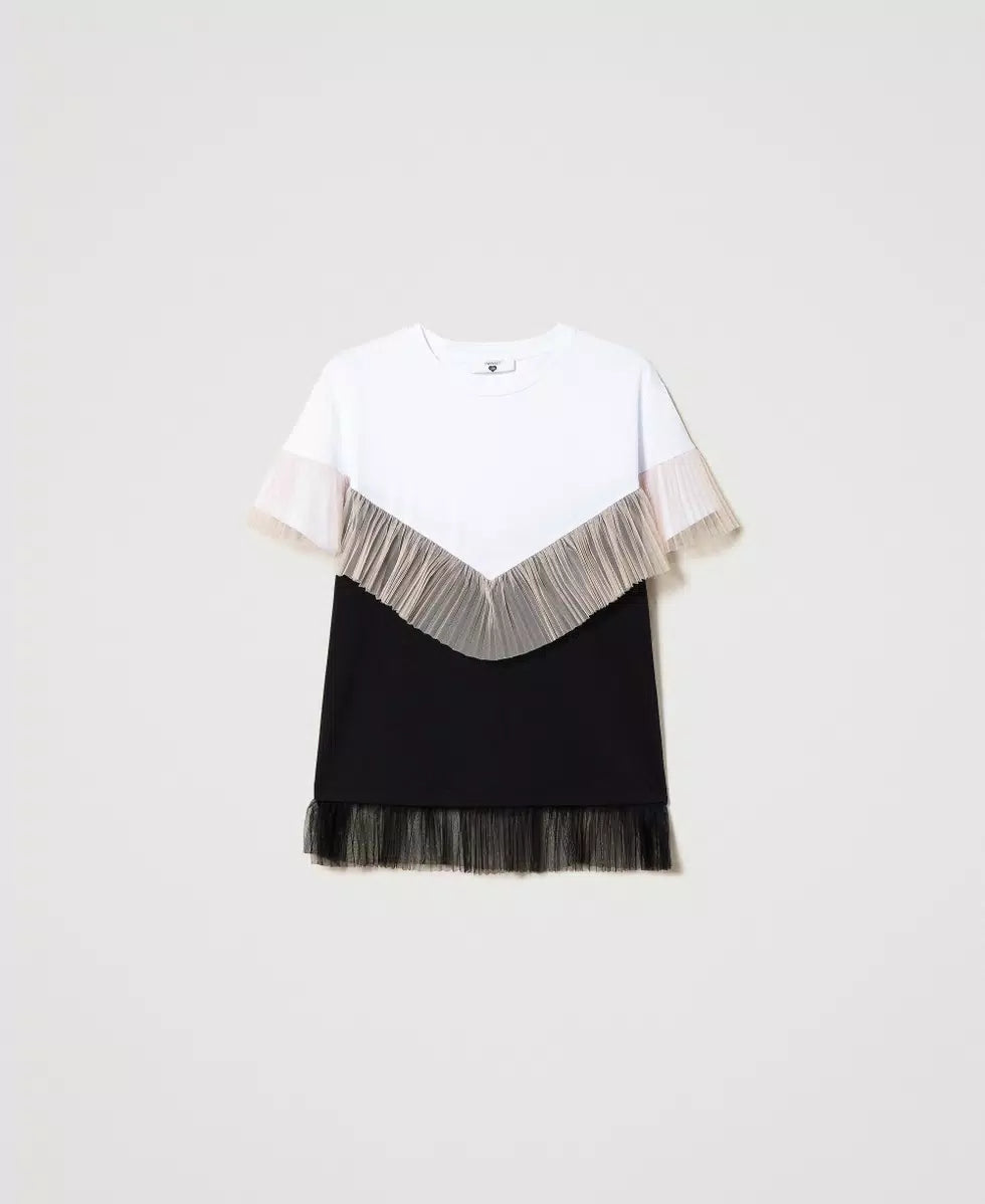 T-shirt bicolore con balza in tulle | TWINSET - PMC Portici