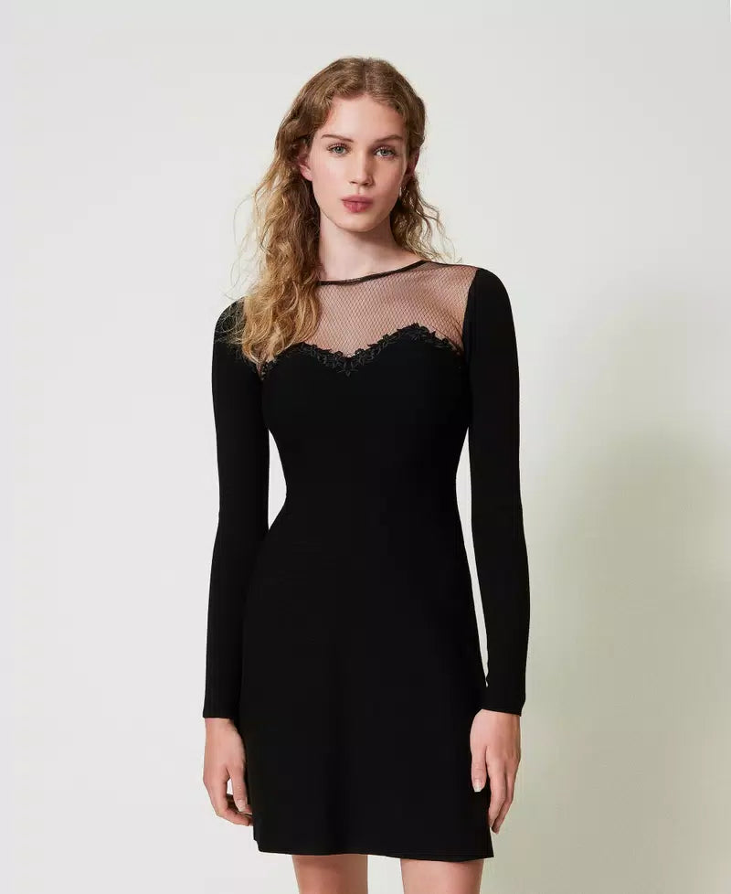 Abito corto in maglia con tulle e ricamo | TWINSET - PMC Portici

