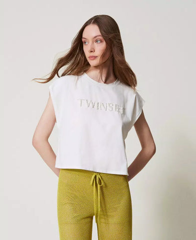 T-shirt con ricamo logo di perle | TWINSET - PMC Portici

