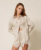 Shorts in misto lino jacquard con pizzo | TWINSET - PMC Portici

